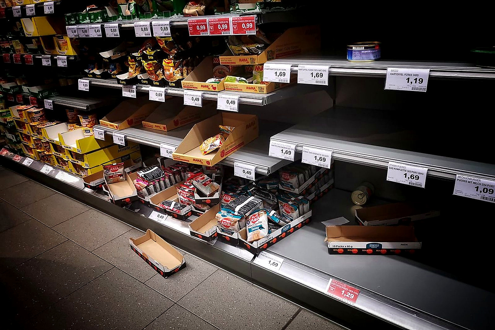 Free High angle of empty and full shelves in supermarket with price tags and cardboard boxes Stock Photo